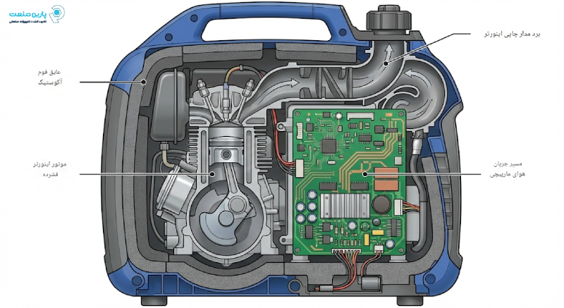 نمای داخلی موتور برق اینورتر سایلنت و لایه های عایق صوتی