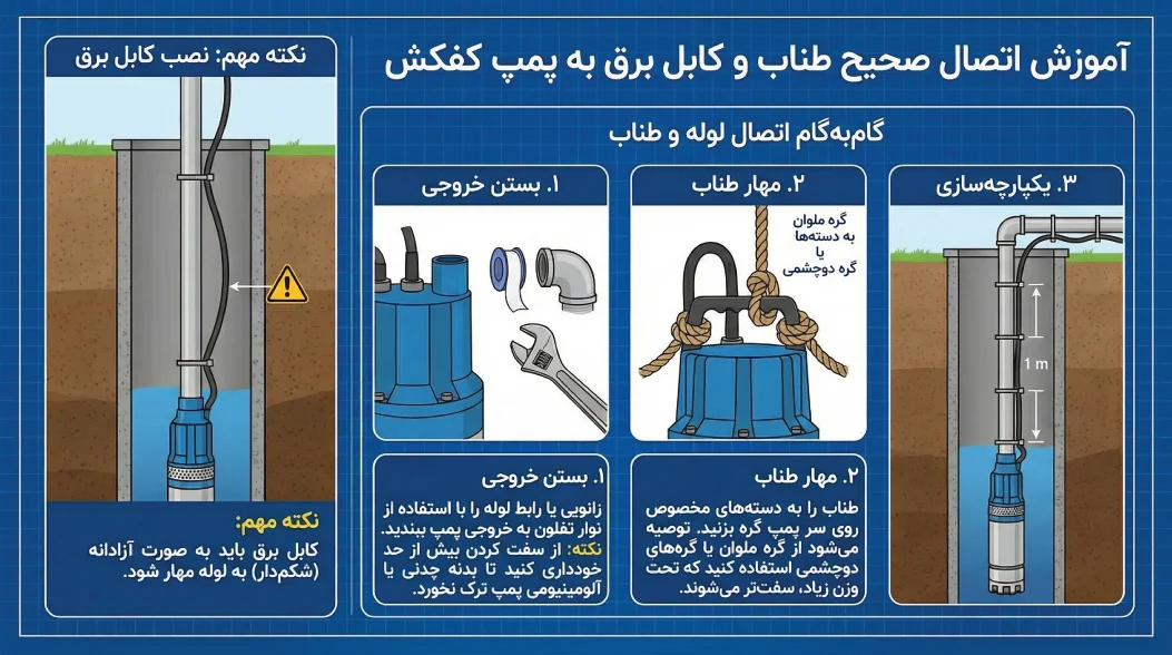  آموزش اتصال صحیح طناب و کابل برق به پمپ کفکش