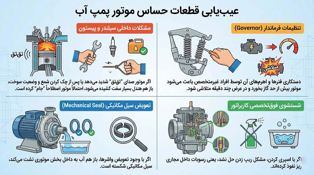 تعمیر موتور پمپ آب بنزینی: از روشن&zwnj;نشدن تا کم&zwnj;آبدهی (عیب&zwnj;یابی مرحله&zwnj;ای)