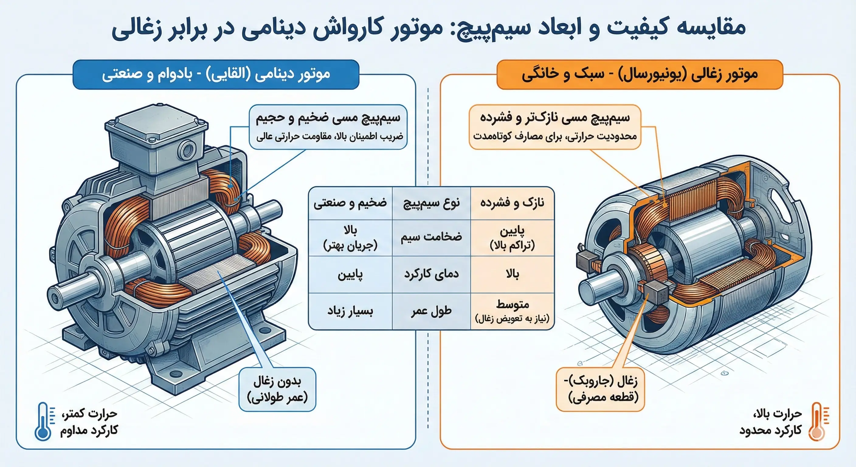 مقایسه موتور دینامی و زغالی کارواش خانگی از نظر ساختار داخلی و سیم پیچ