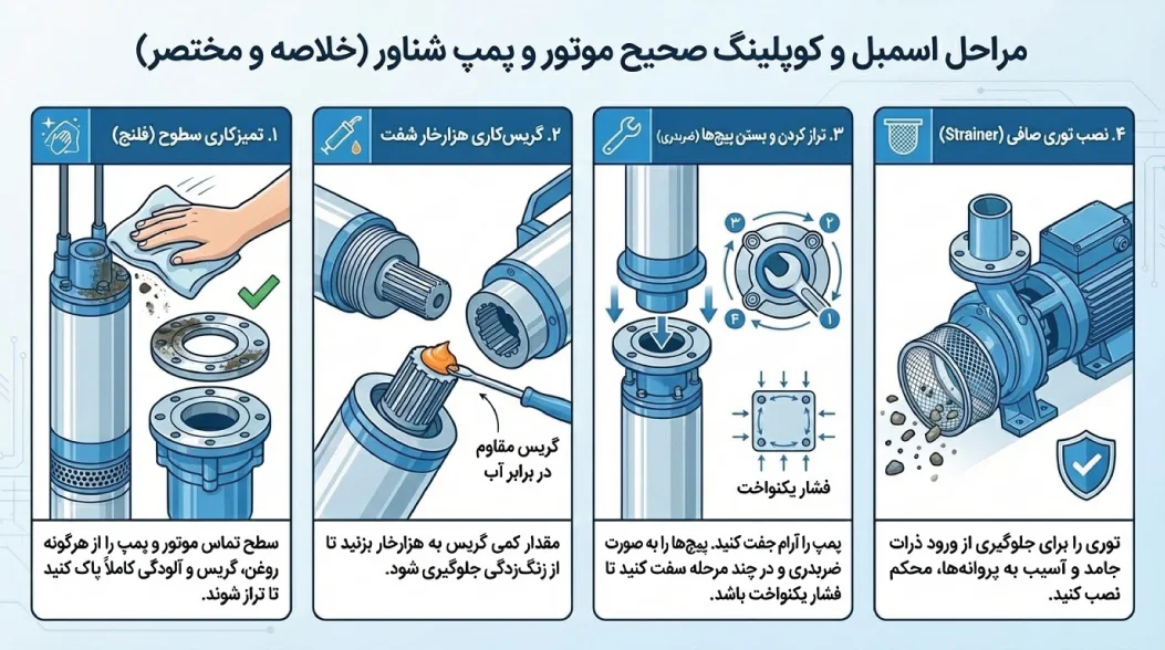نحوه کوپل کردن موتور و پمپ شناور و بستن پیچ های اتصال