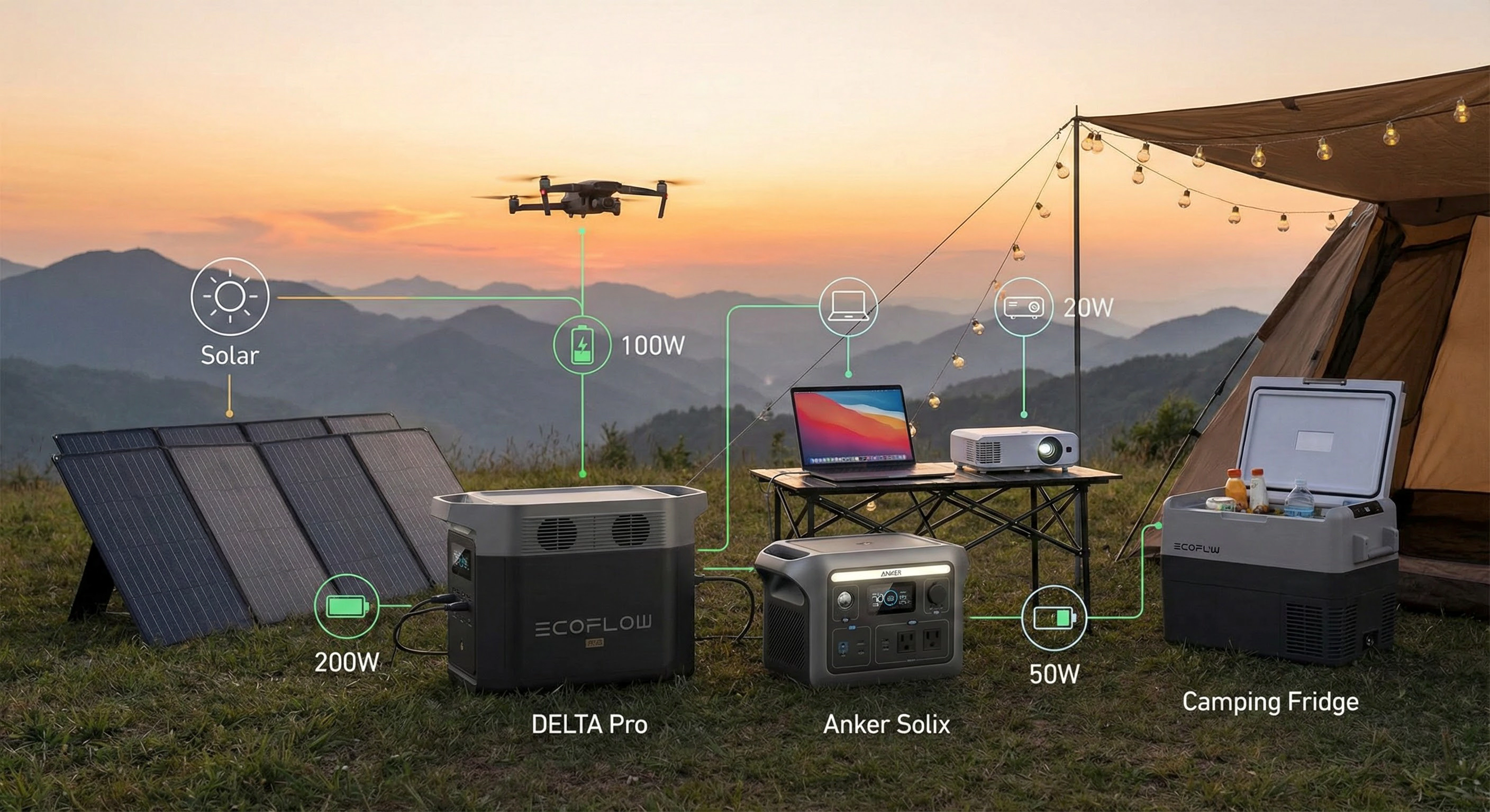 پاور استیشن&zwnj;های مدرن اکوفلو و انکر در حال تامین برق تجهیزات در فضای باز