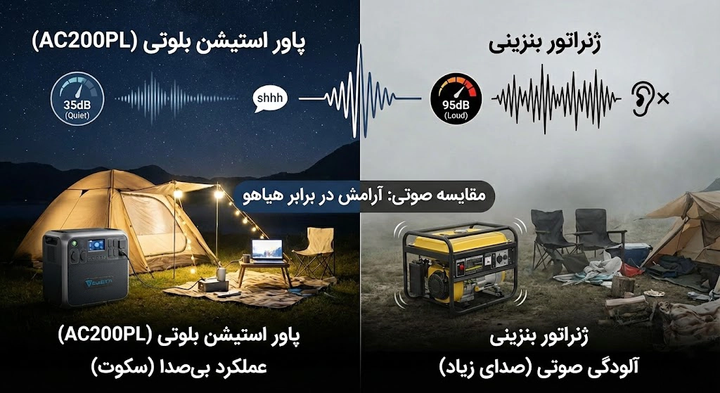 مقایسه تصویری سکوت پاور استیشن و آلودگی صوتی ژنراتور بنزینی