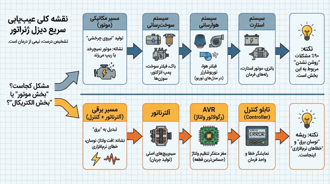 نقشه کلی سیستم دیزل ژنراتور برای عیب&zwnj;یابی سریع