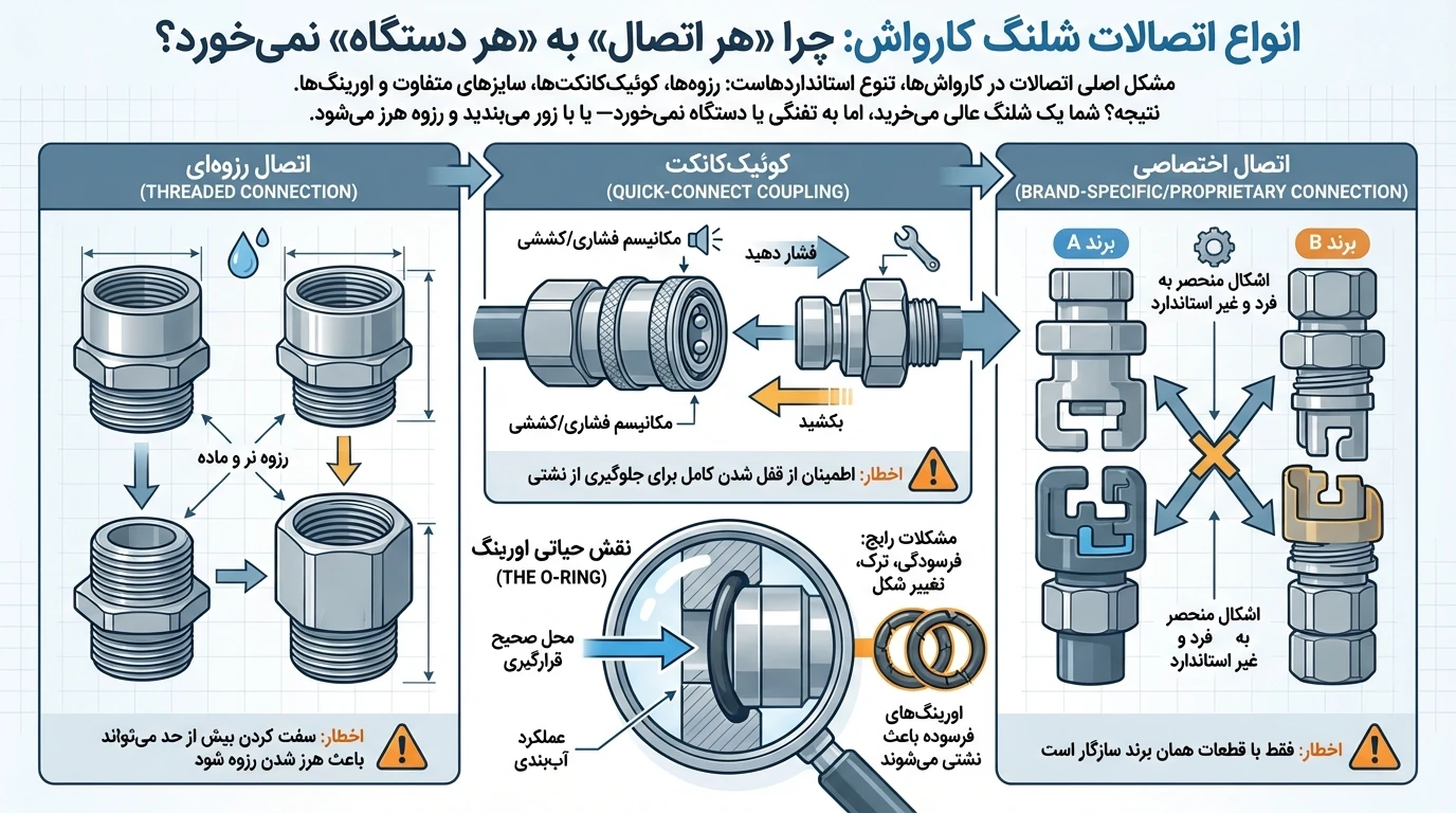 انواع اتصالات شلنگ کارواش: چرا هر اتصال به هر دستگاه نمی&zwnj;خورد؟