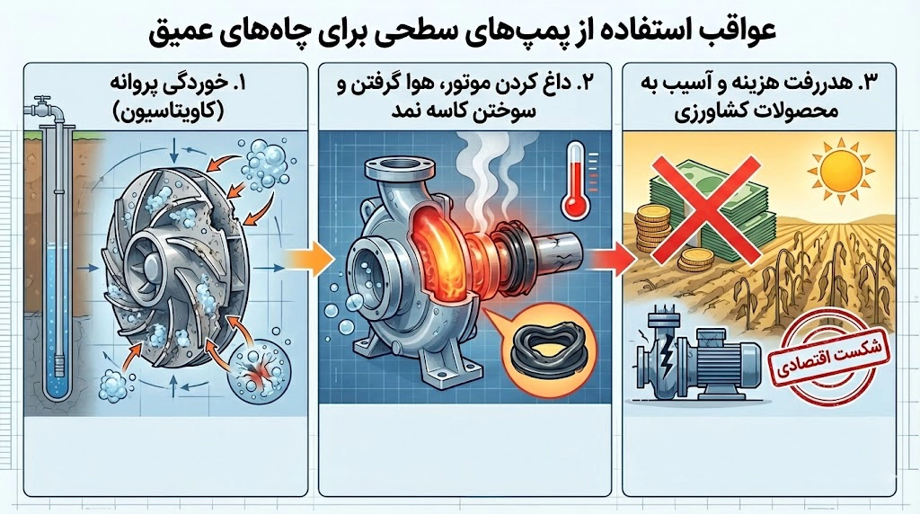 خسارات و عواقب استفاده از پمپ&zwnj;های سطحی برای چاه&zwnj;های عمیق