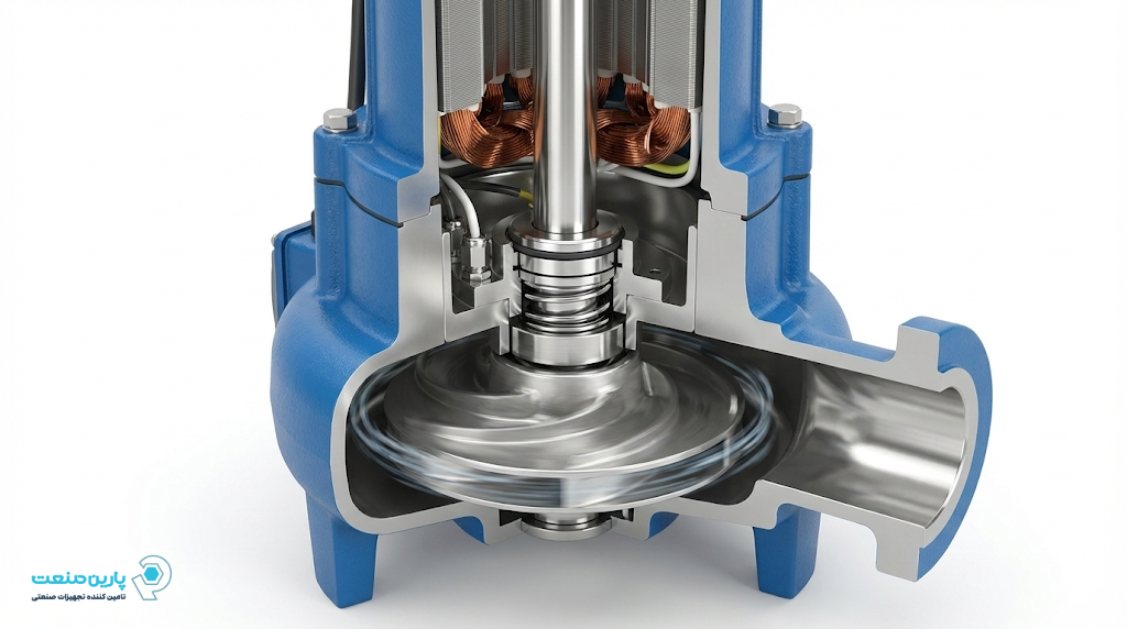 تصویر ۱: نمای برش&zwnj;خورده (Cutaway) از پمپ کفکش؛ نمایش سیم&zwnj;پیچ، شفت، مکانیکال سیل و پروانه