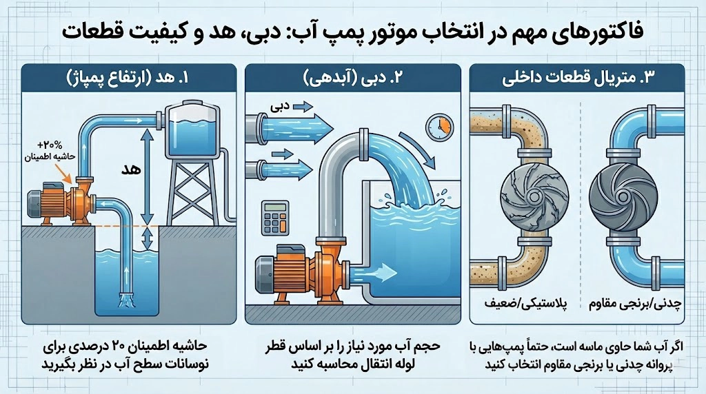 فاکتورهای مهم در انتخاب موتور پمپ آب: دبی، هد، جنس متریال