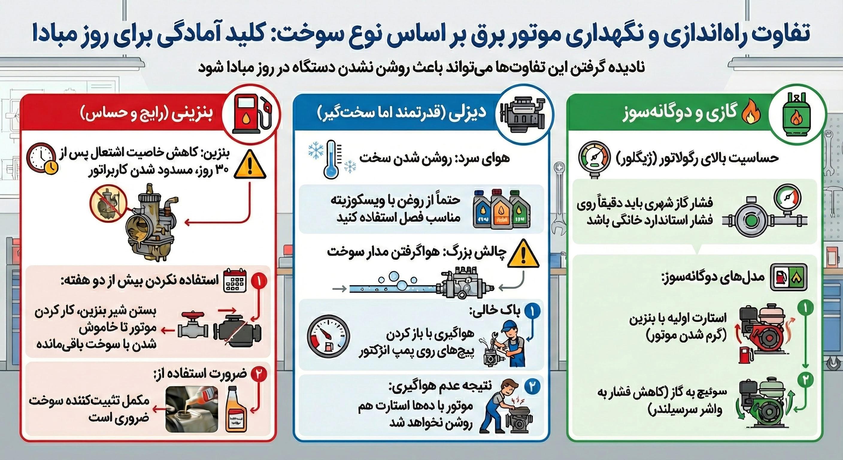 تفاوت راه&zwnj;اندازی و نگهداری بر اساس نوع سوخت