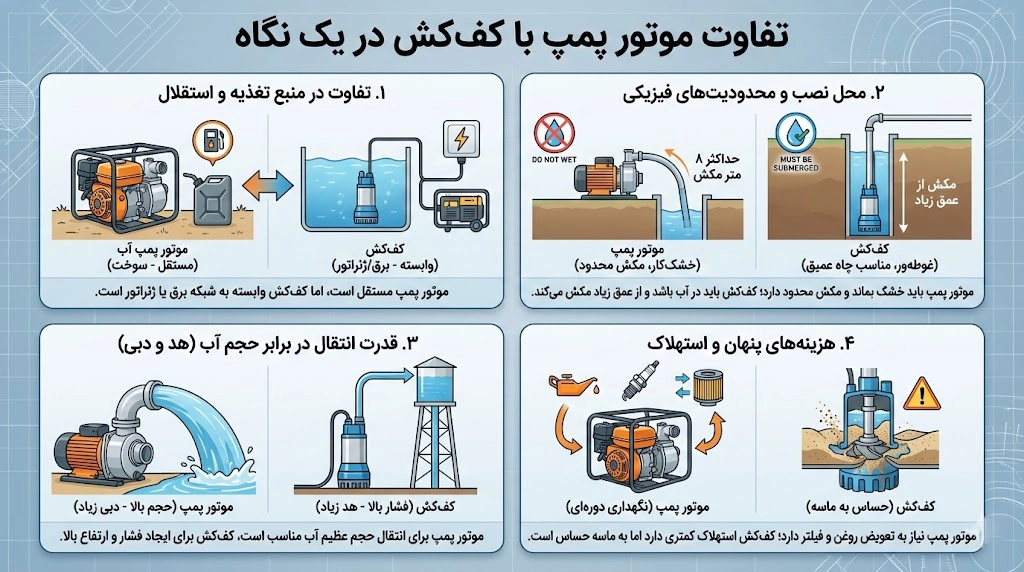 تفاوت موتور پمپ با کف&zwnj;کش در یک نگاه (بررسی ۴ تفاوت اساسی)